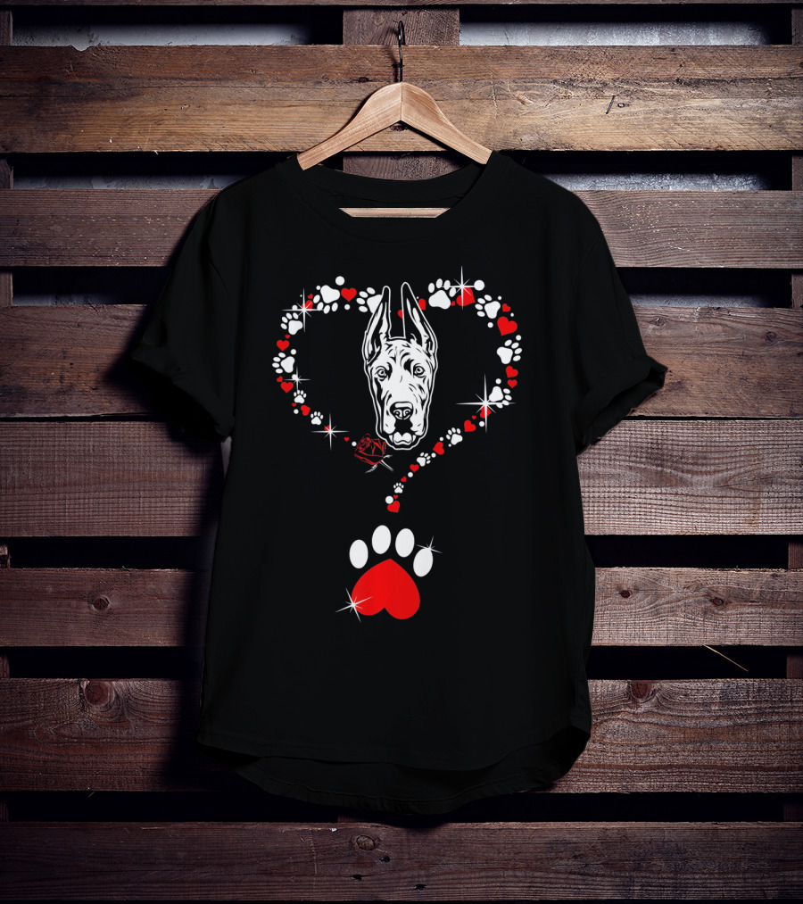 Happy Valentine Great Dane Dog Heart Pawprint T-Shirt