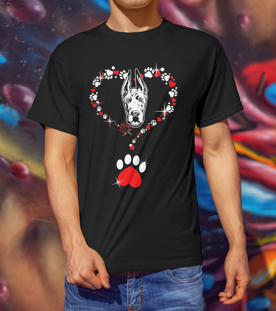 Happy Valentine Great Dane Dog Heart Pawprint T-Shirt