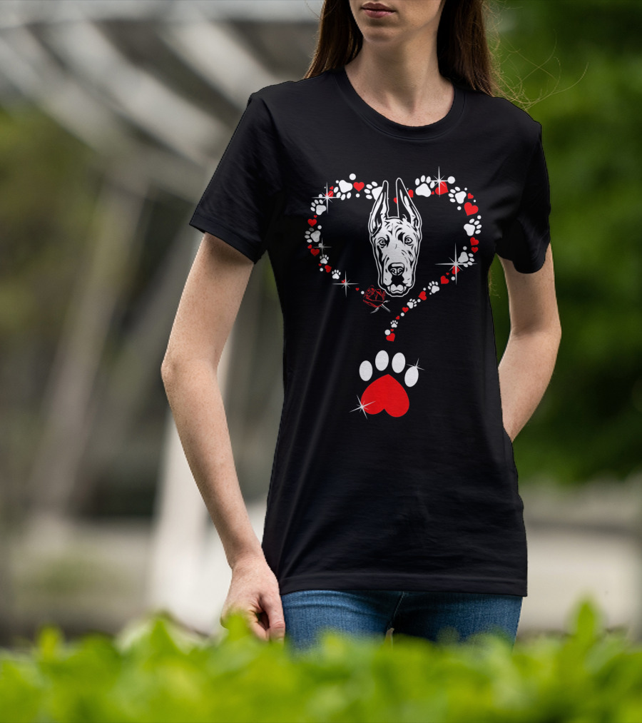 Happy Valentine Great Dane Dog Heart Pawprint T-Shirt