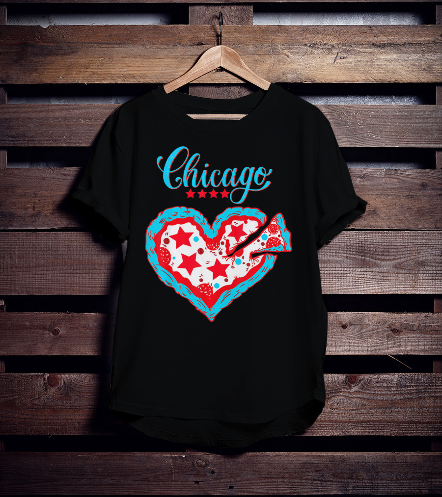 Chicago Heart Pizza Stars Valentines Day T-Shirt