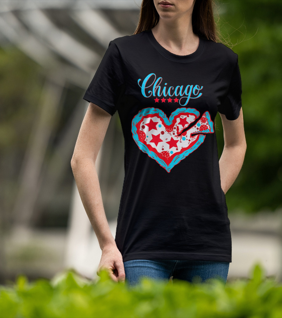 Chicago Heart Pizza Stars Valentines Day T-Shirt
