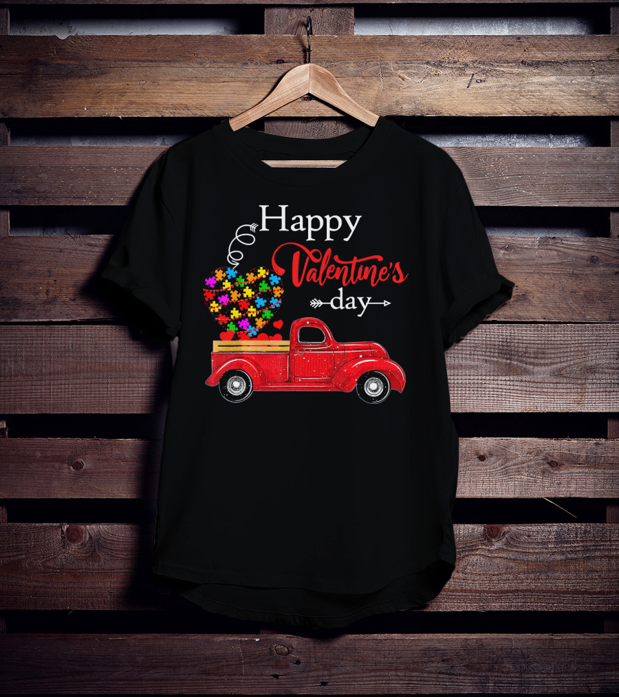 Happy Valentine's Day Truck With Colorful Heart Puzzles T-Shirt