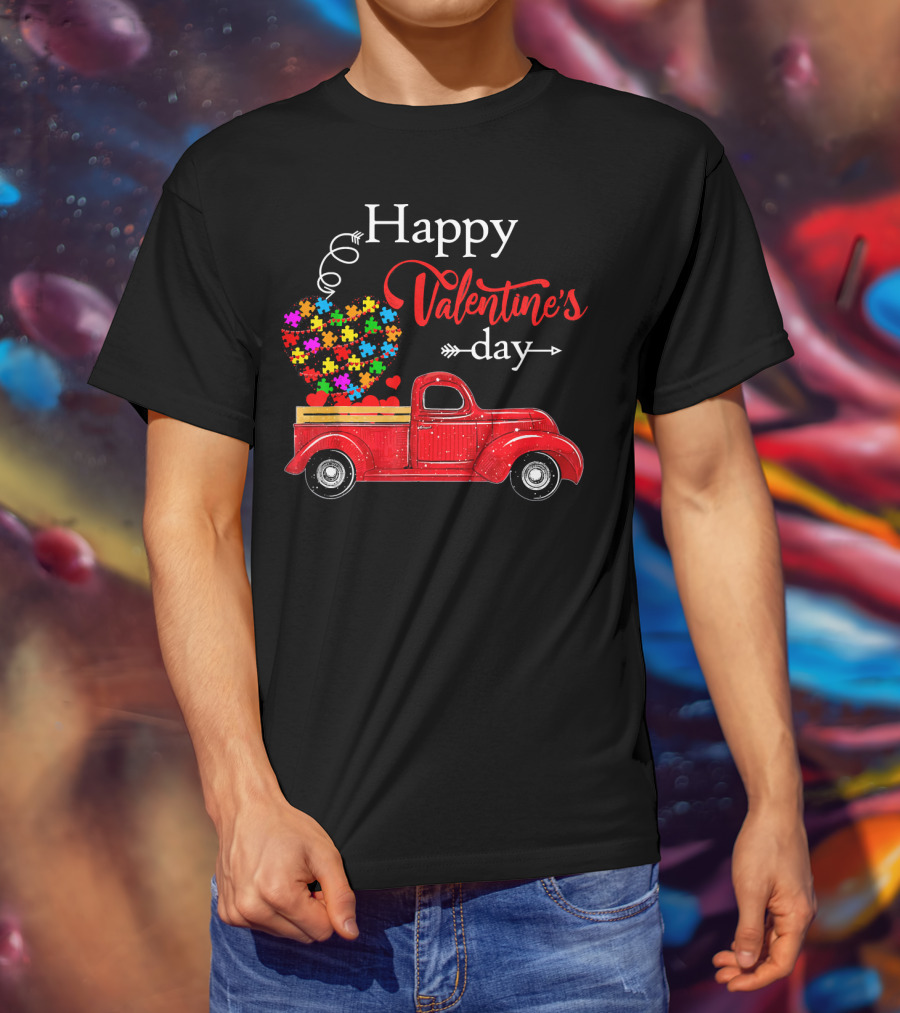 Happy Valentine's Day Truck With Colorful Heart Puzzles T-Shirt