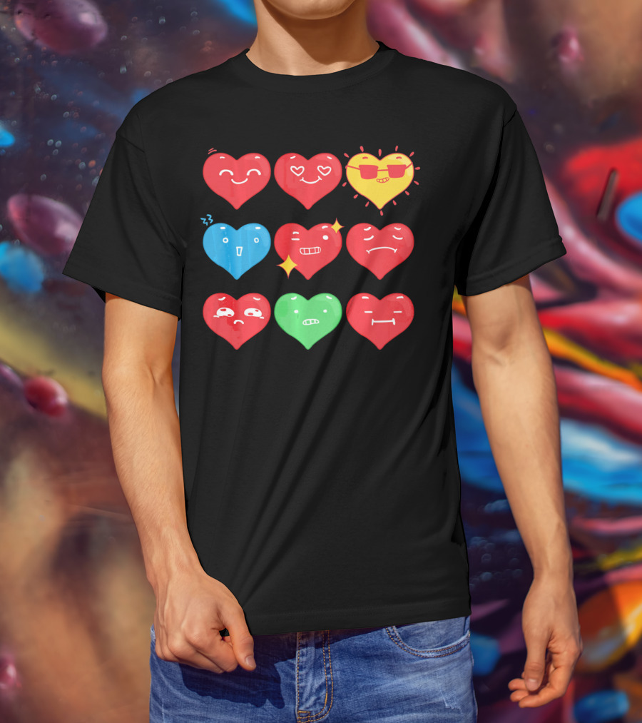Heart Emoji Expressions Smiling Sunglasses Cute Faces Happy Sad T-Shirt