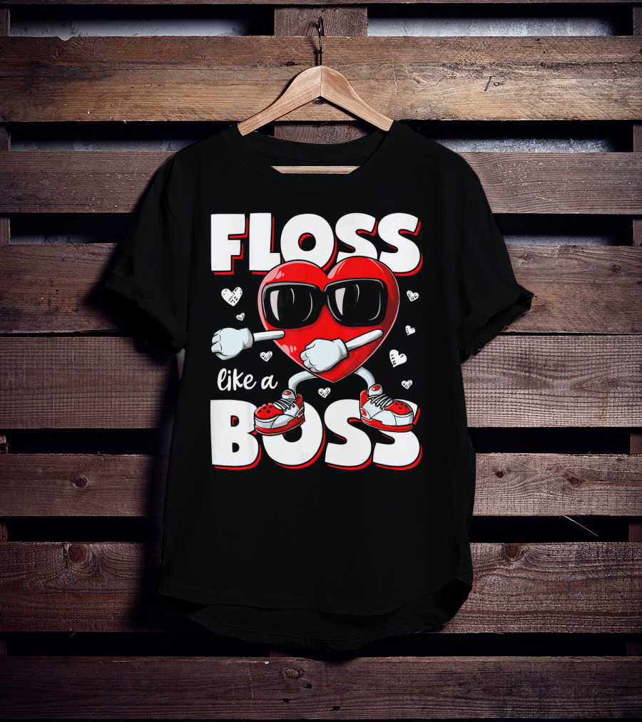 Floss Like A Boss Heart With Sunglasses Valentines Day T-Shirt