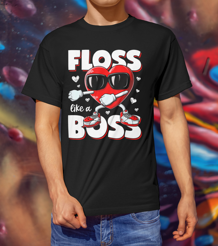 Floss Like A Boss Heart With Sunglasses Valentines Day T-Shirt