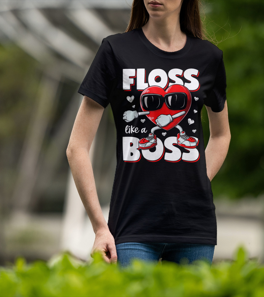 Floss Like A Boss Heart With Sunglasses Valentines Day T-Shirt
