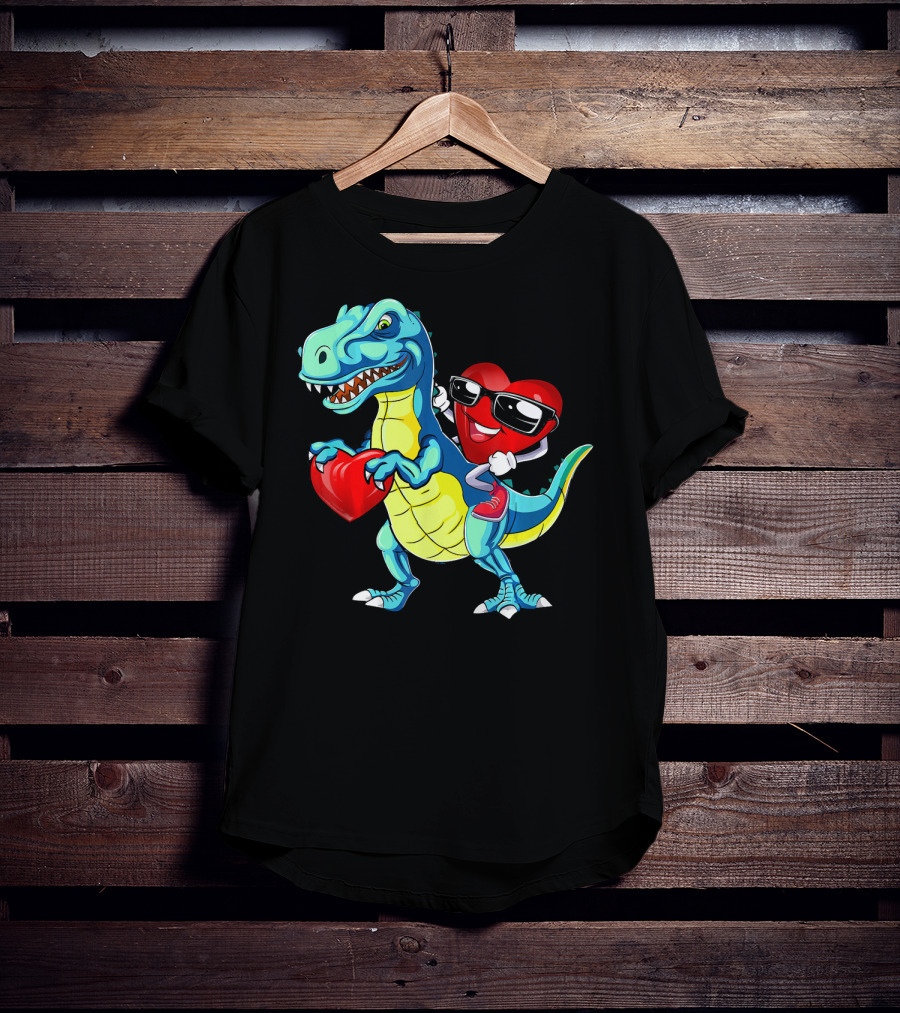 Valentine Heart With Sunglasses Riding Dinosaur With Heart T-Shirt