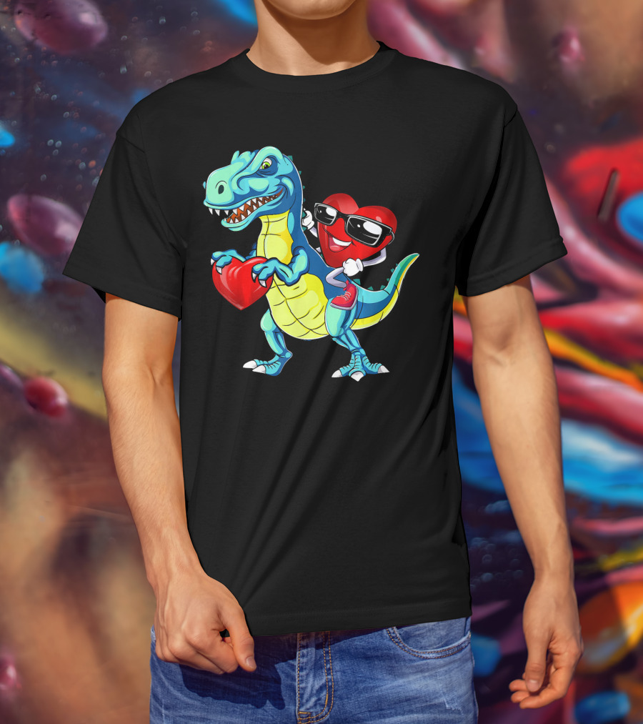 Valentine Heart With Sunglasses Riding Dinosaur With Heart T-Shirt