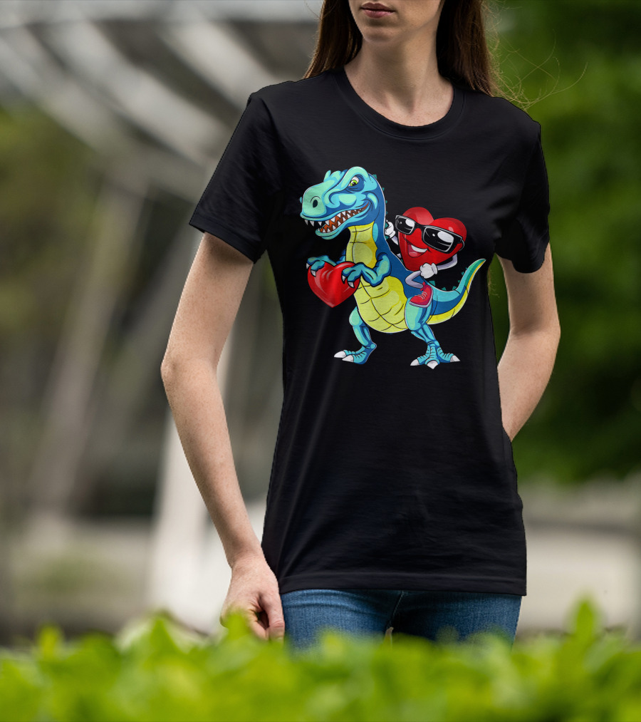 Valentine Heart With Sunglasses Riding Dinosaur With Heart T-Shirt