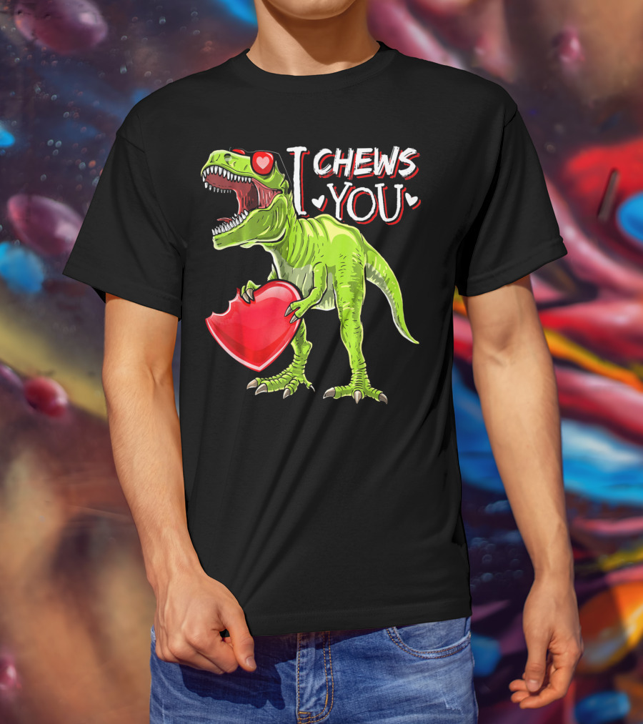 I Chews You Valentine Rex Dinosaur Holding Heart With Red Glasses T-Shirt