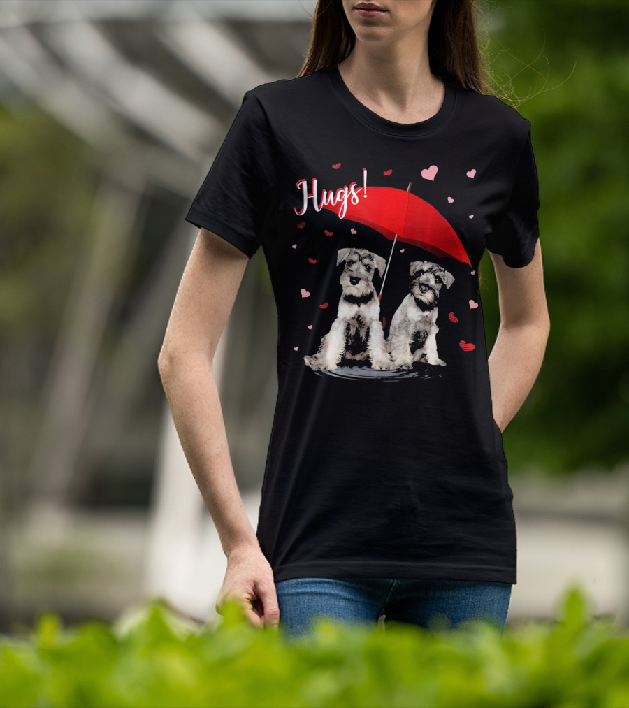 Hugs Schnauzers Under Red Umbrella With Hearts T-Shirt