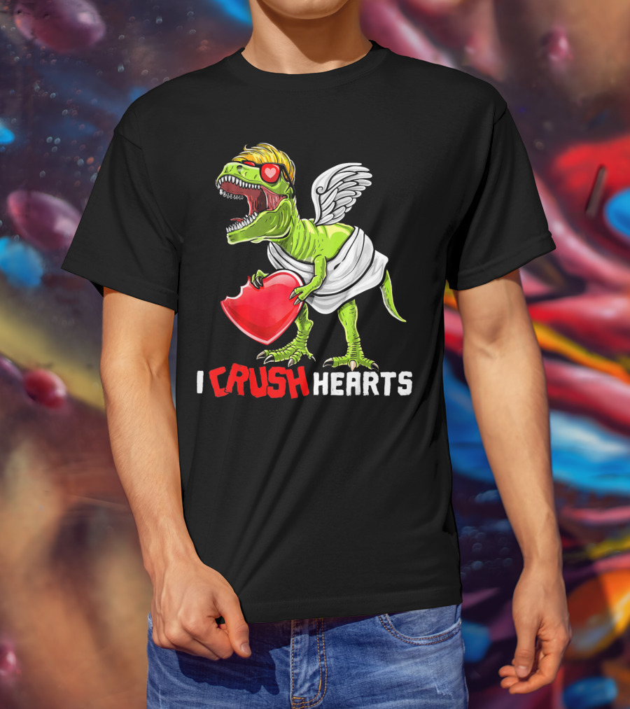 I Crush Hearts Valentine Day T-Rex With Wings And Heart T-Shirt