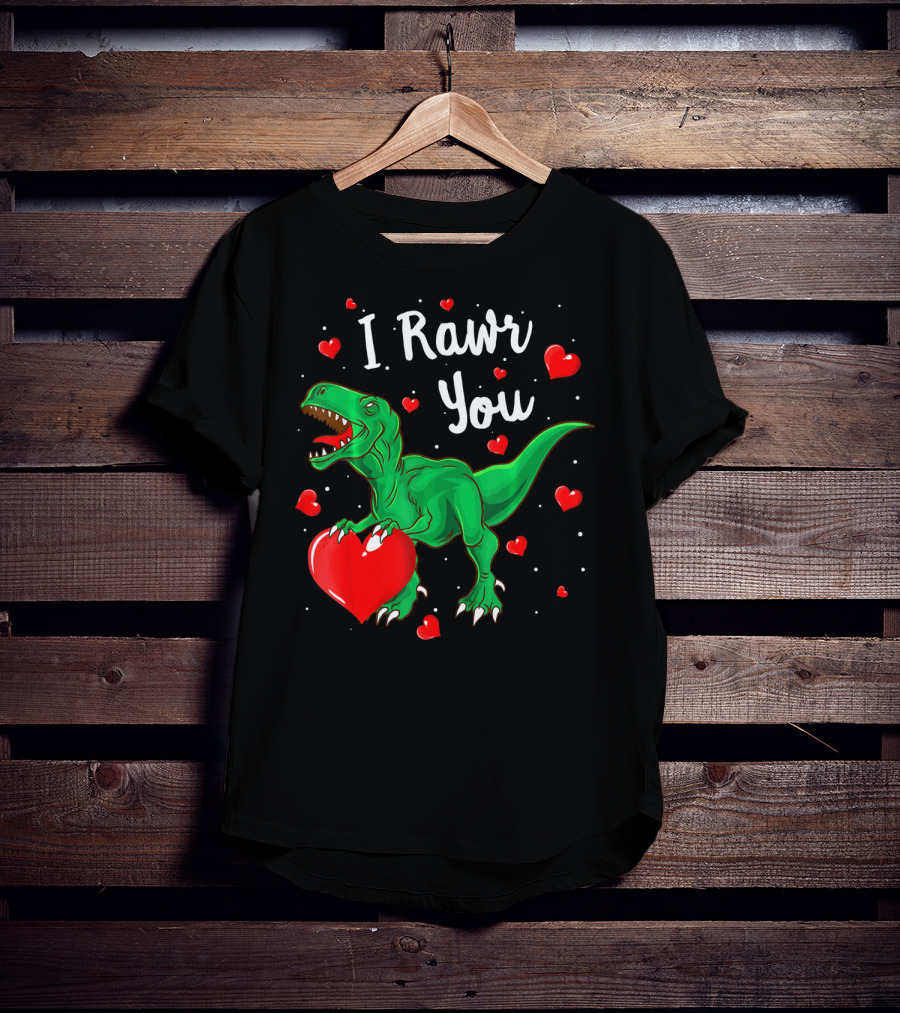 I Rawr You Dinosaur Valentine Green T-Rex With Red Hearts T-Shirt