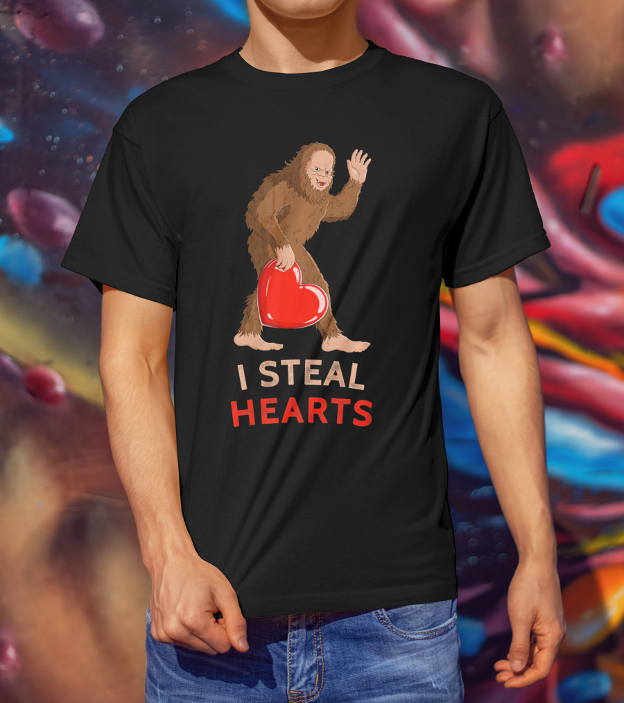 I Steal Hearts Bigfoot Valentine's Day Funny Sasquatch Image T-Shirt