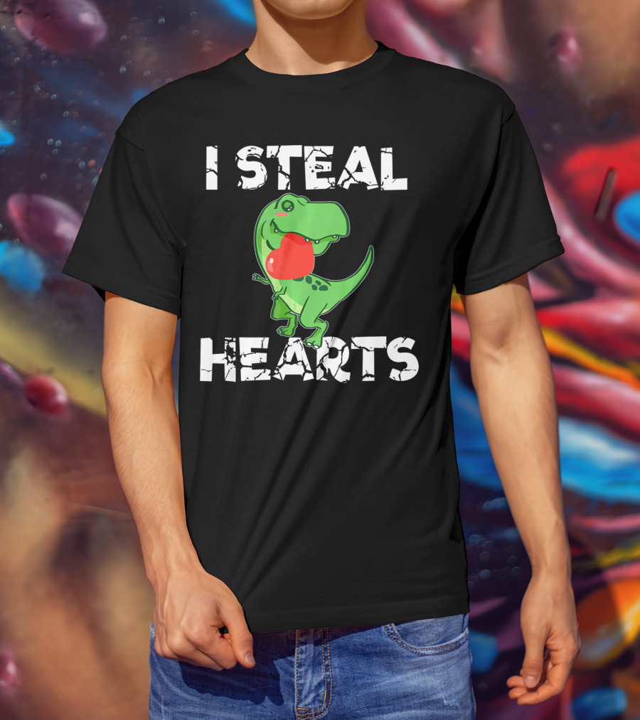 I Steal Hearts Dinosaur Valentine's Day T-Rex Holding Heart T-Shirt