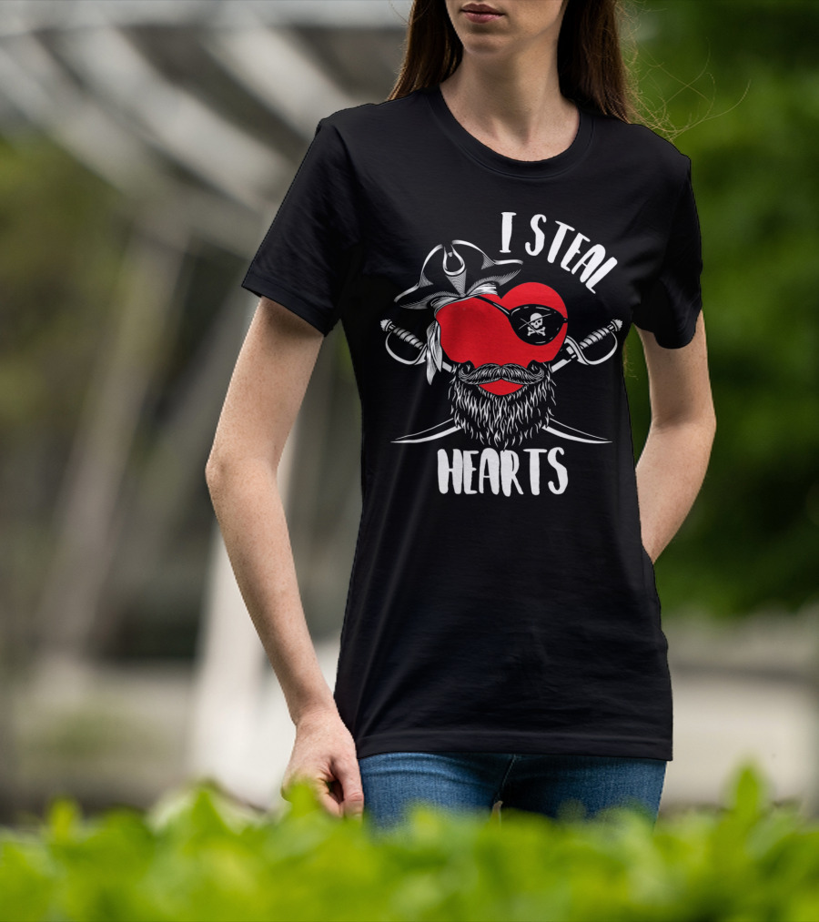I Steal Hearts Funny Valentines Day Pirate Beard Patch Swords T-Shirt