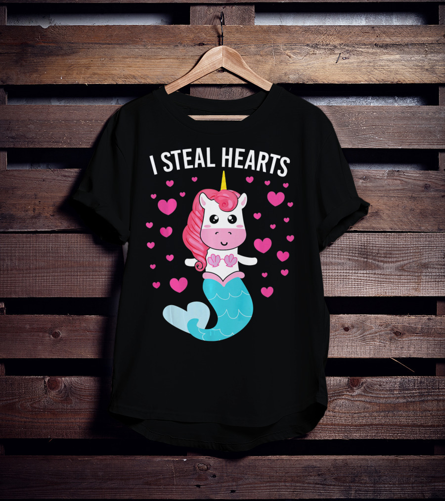 I Steal Hearts Cute Mermaid Unicorn Valentine Hearts T-Shirt