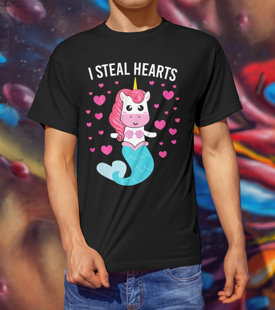 I Steal Hearts Cute Mermaid Unicorn Valentine Hearts T-Shirt