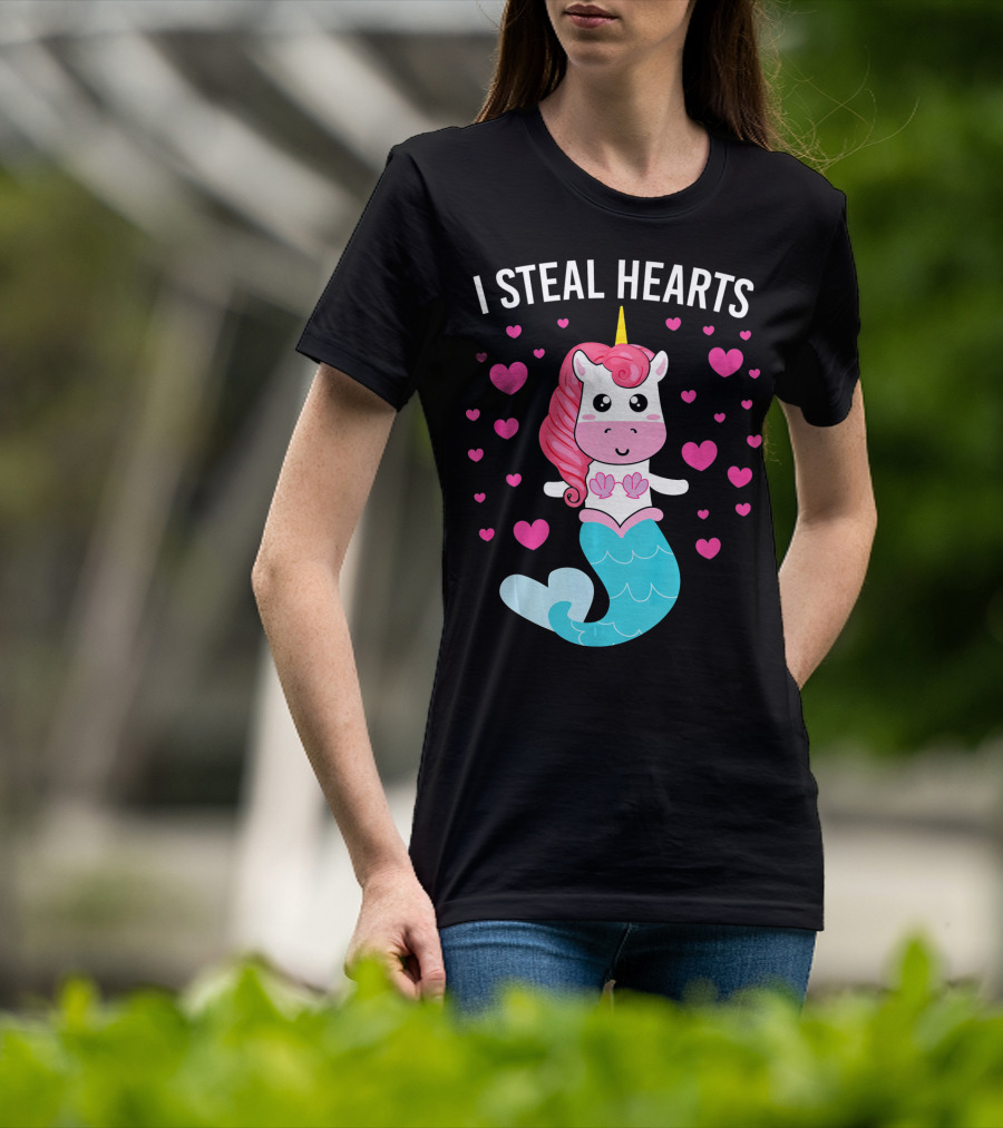 I Steal Hearts Cute Mermaid Unicorn Valentine Hearts T-Shirt