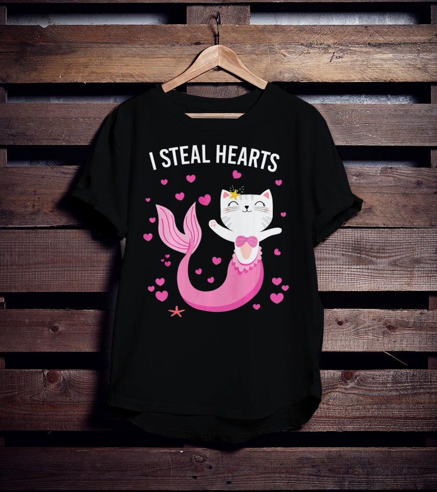 I Steal Hearts Purrmaid Cat Mermaid With Pink Hearts T-Shirt
