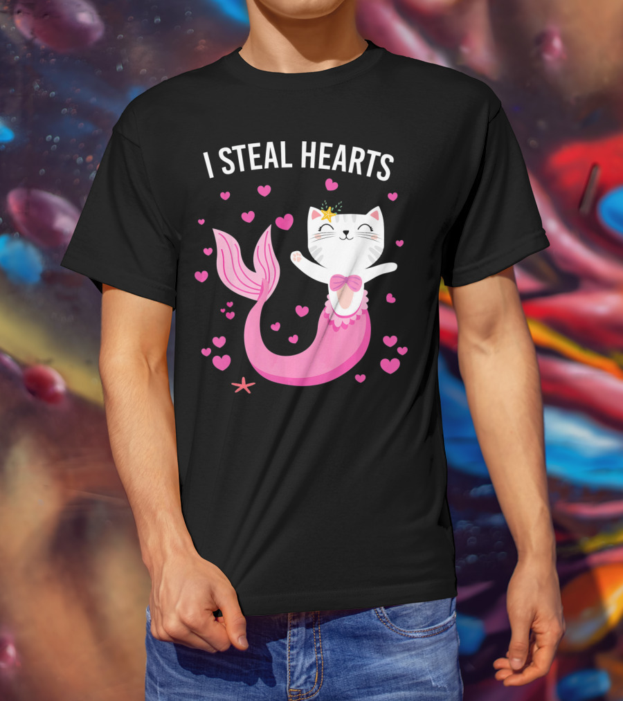 I Steal Hearts Purrmaid Cat Mermaid With Pink Hearts T-Shirt