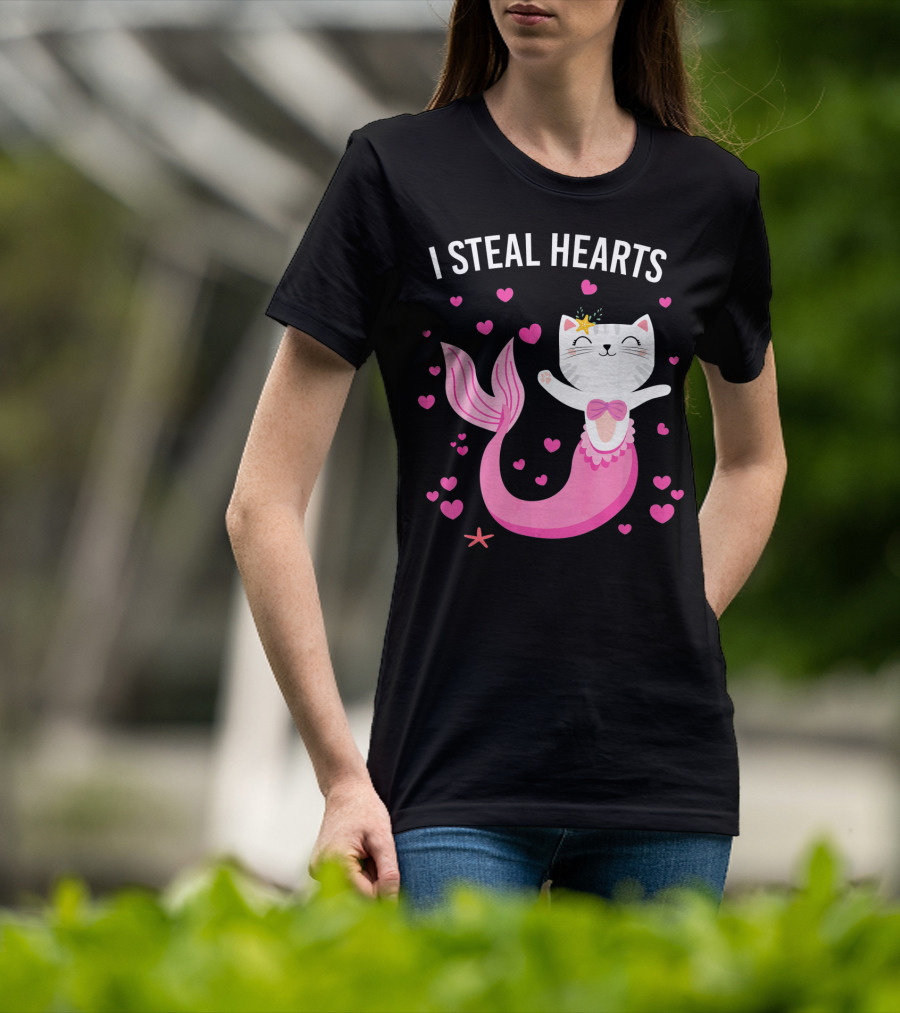 I Steal Hearts Purrmaid Cat Mermaid With Pink Hearts T-Shirt