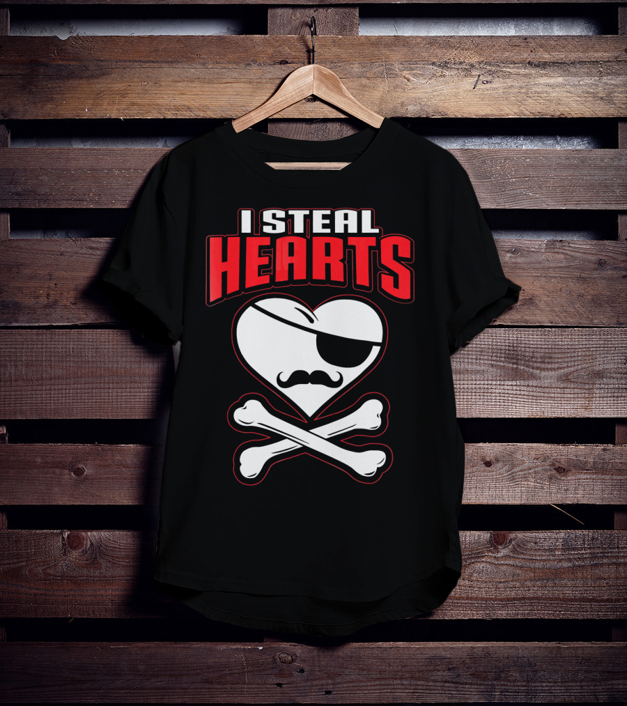 I Steal Hearts Pirate Mustache Crossbones Valentine T-Shirt