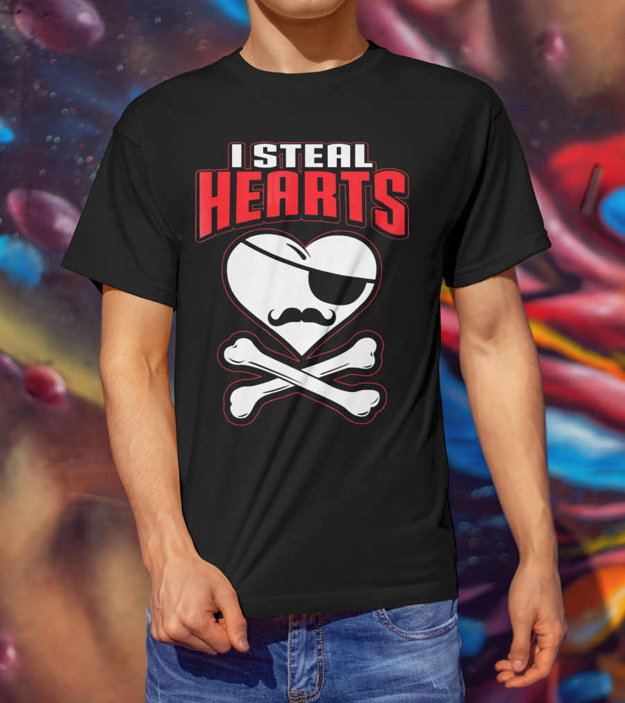 I Steal Hearts Pirate Mustache Crossbones Valentine T-Shirt
