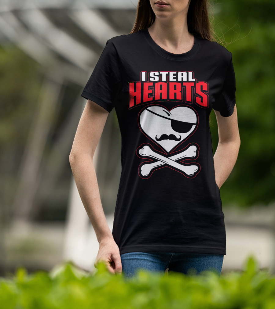 I Steal Hearts Pirate Mustache Crossbones Valentine T-Shirt