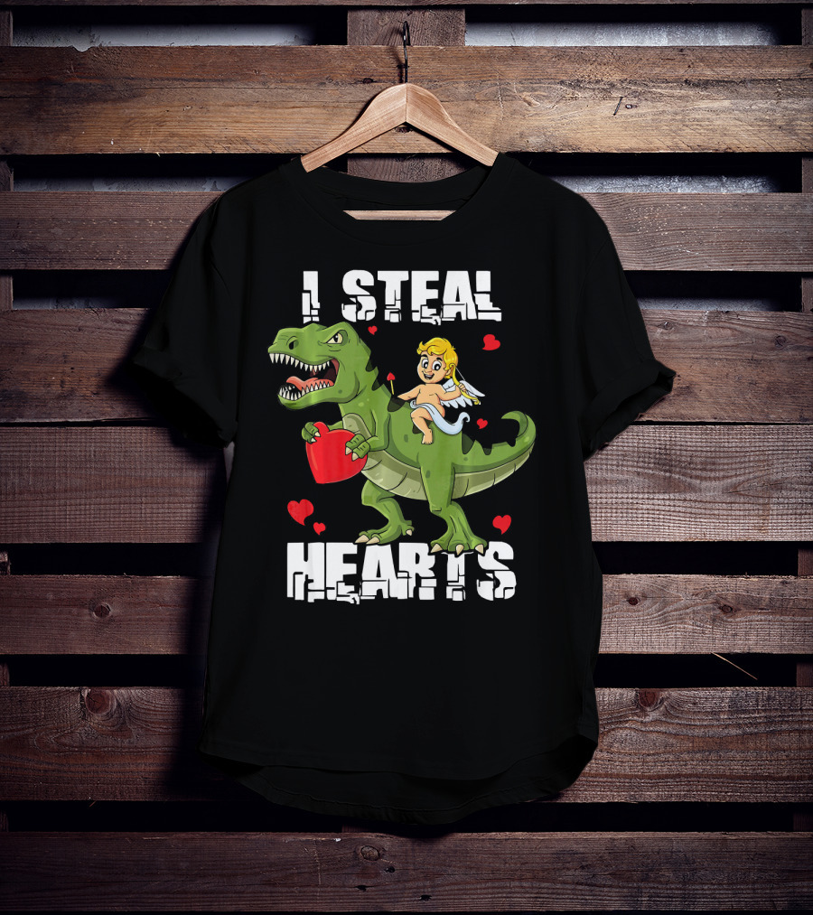 I Steal Hearts Dinosaur With Cupid And Valentines Hearts T-Shirt