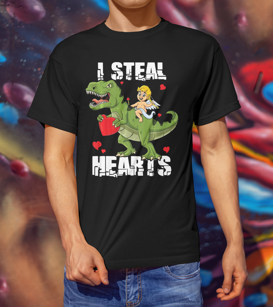 I Steal Hearts Dinosaur With Cupid And Valentines Hearts T-Shirt