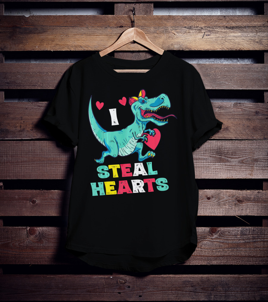 I Steal Hearts Valentine Dinosaur With Red Heart And Cute Hearts T-Shirt