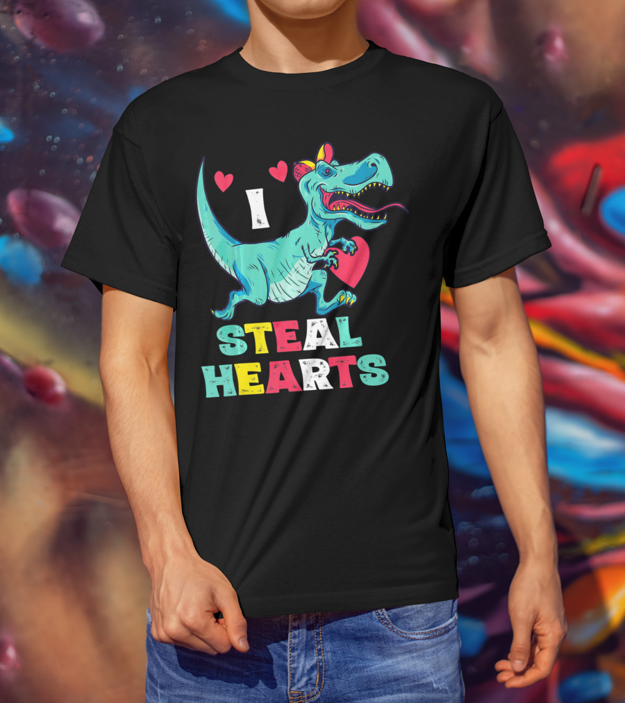 I Steal Hearts Valentine Dinosaur With Red Heart And Cute Hearts T-Shirt