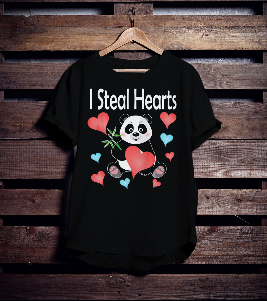 I Steal Hearts Valentines Day Panda Holding Heart And Bamboo T-Shirt