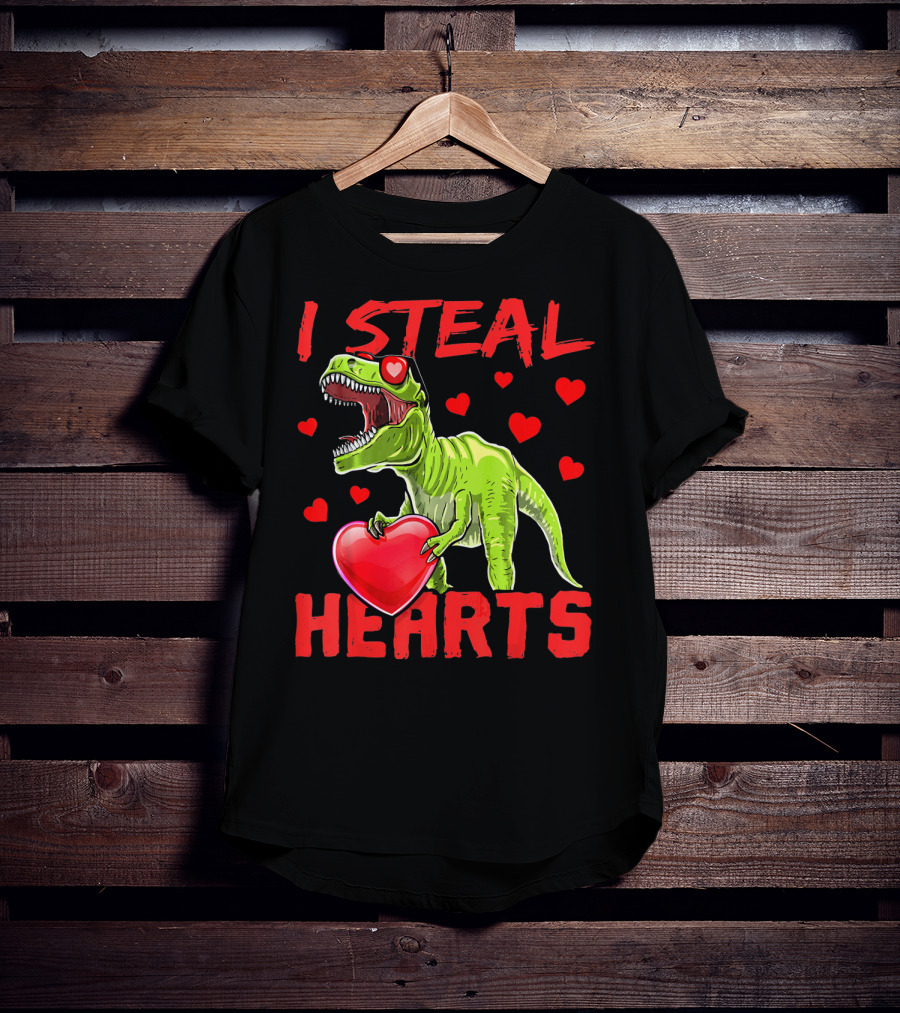 I Steal Hearts Valentines Day Rex Dino Holding Heart Surrounded By Hearts T-Shirt