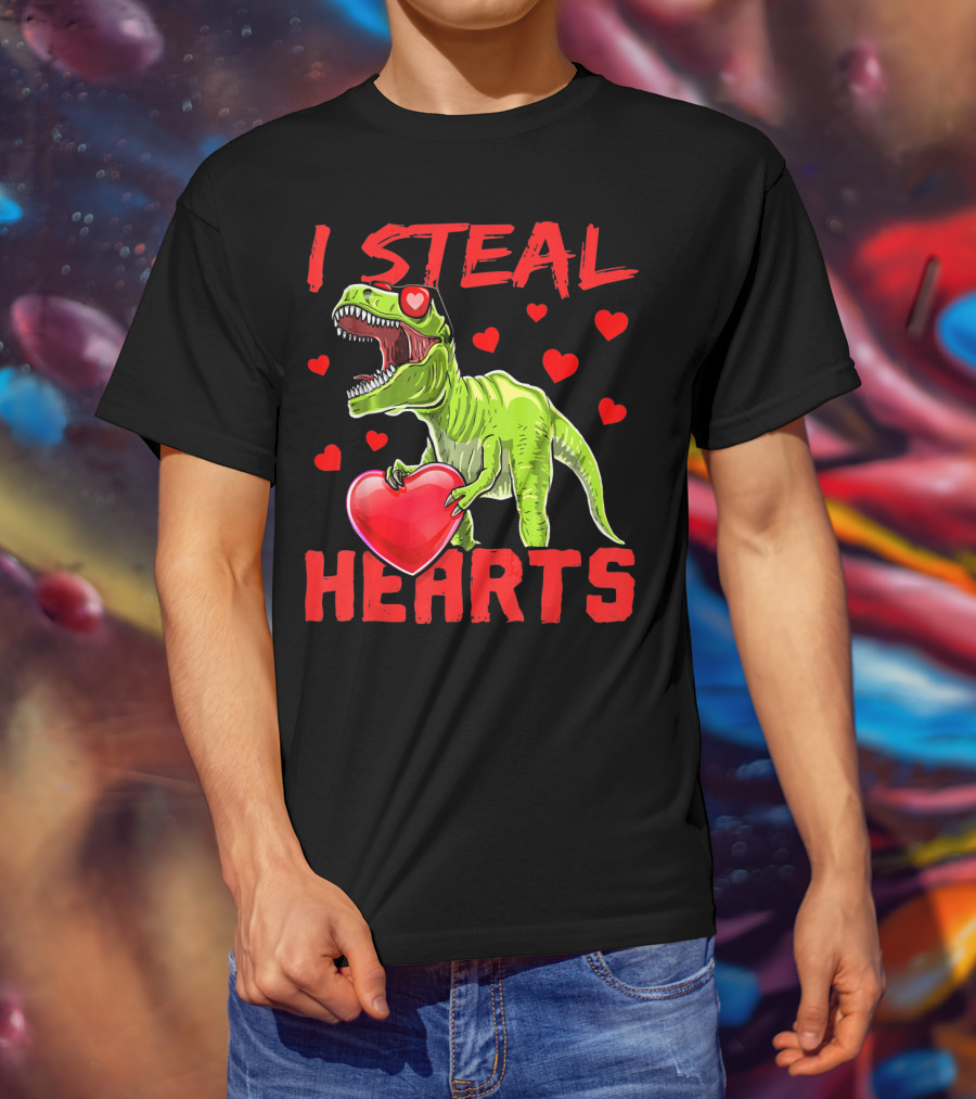I Steal Hearts Valentines Day Rex Dino Holding Heart Surrounded By Hearts T-Shirt