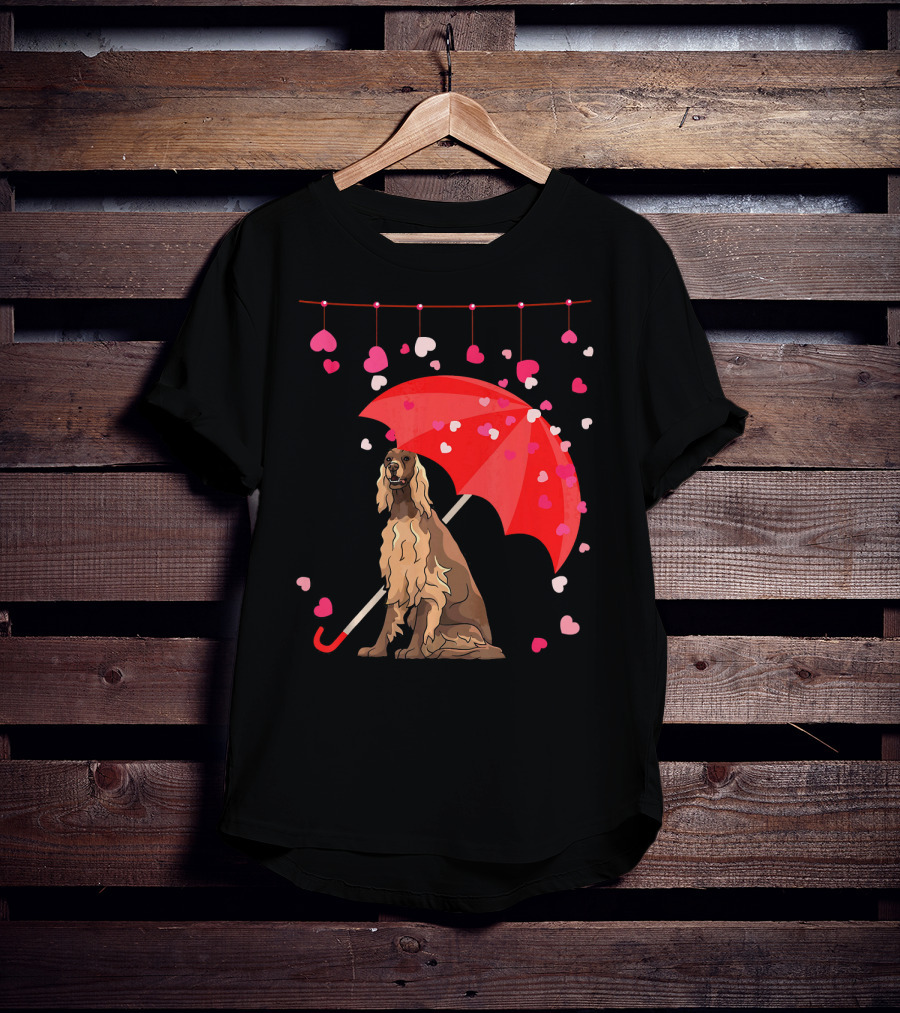 Irish Setter With Red Umbrella And Falling Hearts Valentine T-Shirt