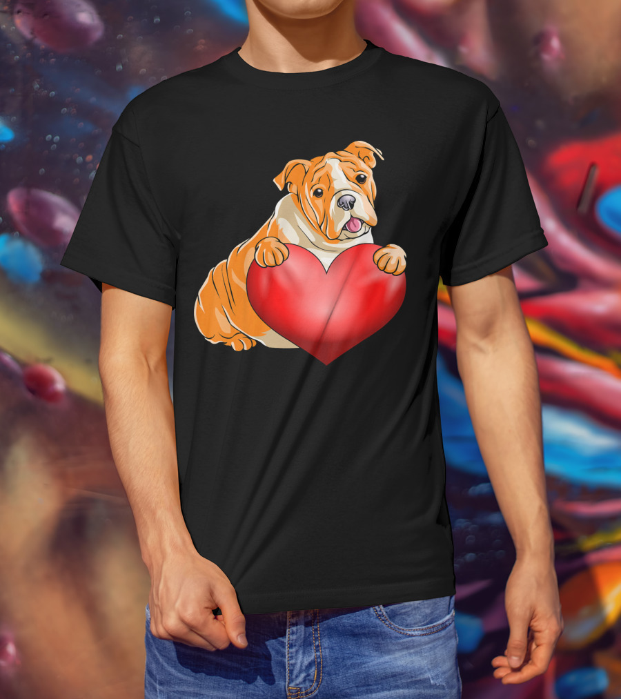 Kids Valentines Day Bulldog Heart Dog T-Shirt