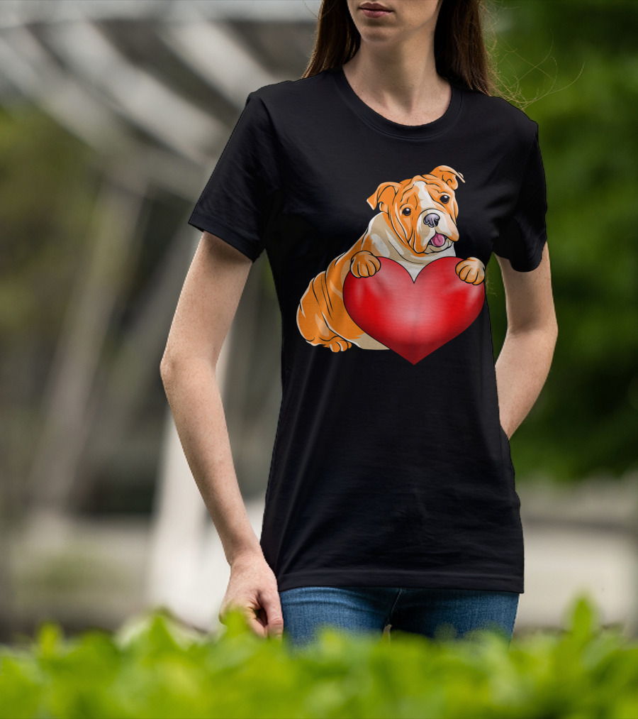 Kids Valentines Day Bulldog Heart Dog T-Shirt
