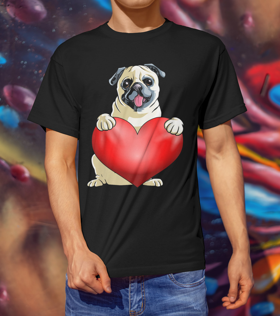 Kids Valentines Day Pug Dog Heart T-Shirt