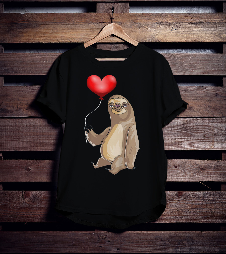 Kids Valentines Day Sloth Holding Heart Balloon T-Shirt