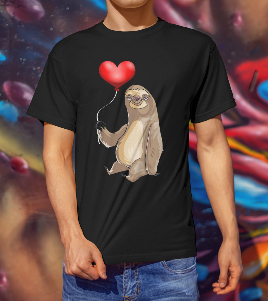 Kids Valentines Day Sloth Holding Heart Balloon T-Shirt