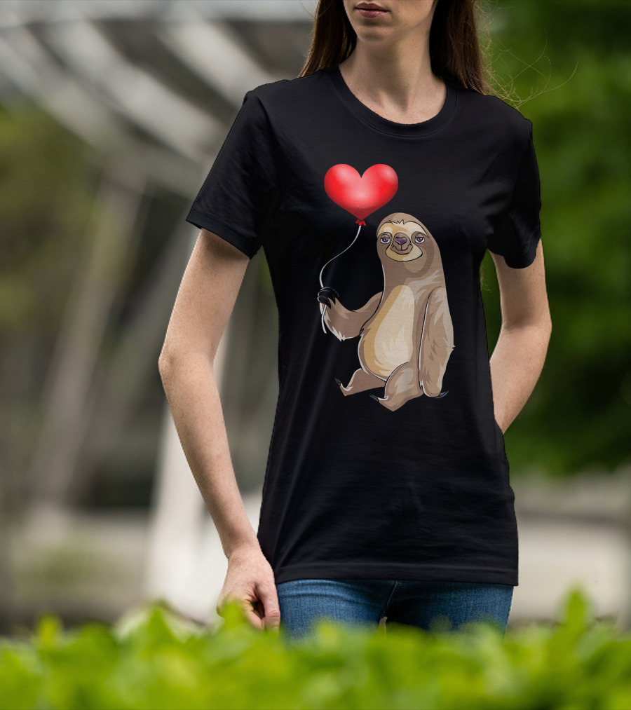 Kids Valentines Day Sloth Holding Heart Balloon T-Shirt