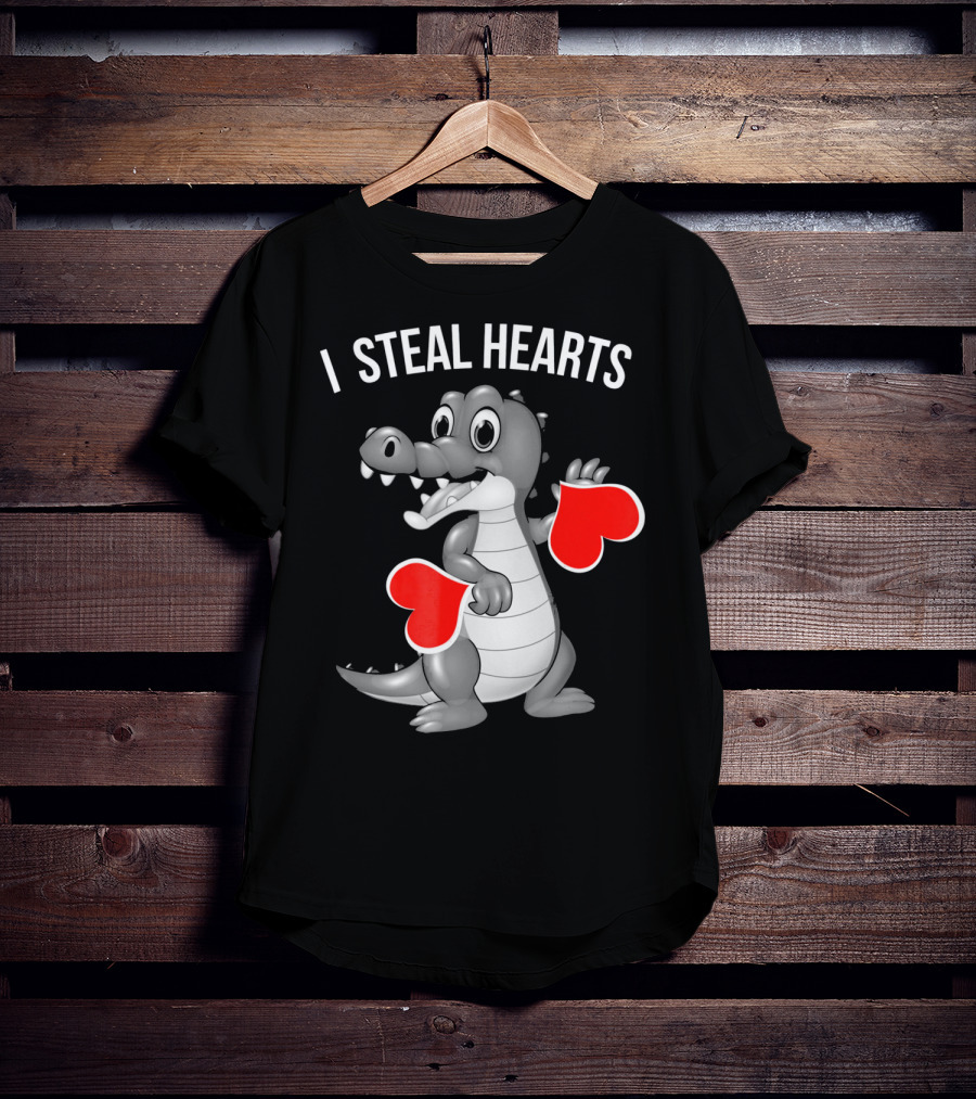 Kids Valentines Day I Steal Hearts Crocodile Holding Red Hearts T-Shirt