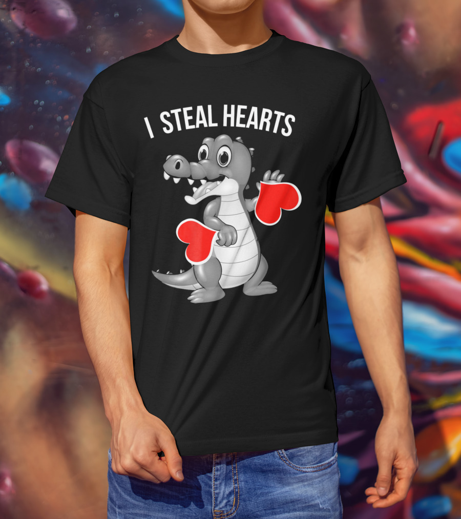Kids Valentines Day I Steal Hearts Crocodile Holding Red Hearts T-Shirt