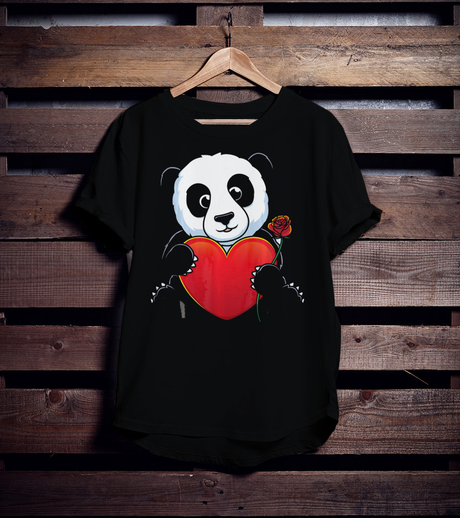 Panda Bear Holding Heart And Rose Valentines Day Love T-Shirt