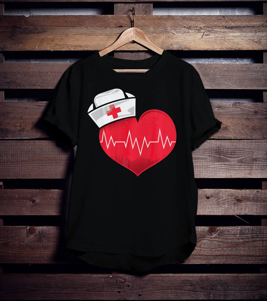 Nurse Heartbeat Valentine Costume With White Nurse Hat And Red Heartbeat Line T-Shirt