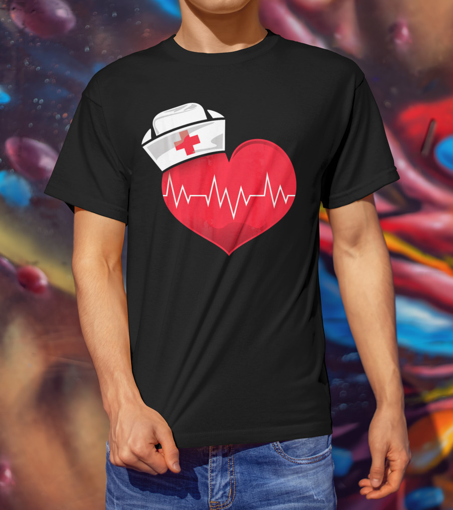 Nurse Heartbeat Valentine Costume With White Nurse Hat And Red Heartbeat Line T-Shirt