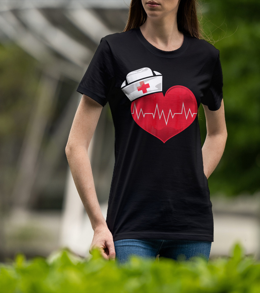 Nurse Heartbeat Valentine Costume With White Nurse Hat And Red Heartbeat Line T-Shirt
